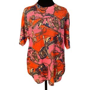 Womens XL Orange Pink Nautical Rope Chain Carriage Print Knit Sweater Top